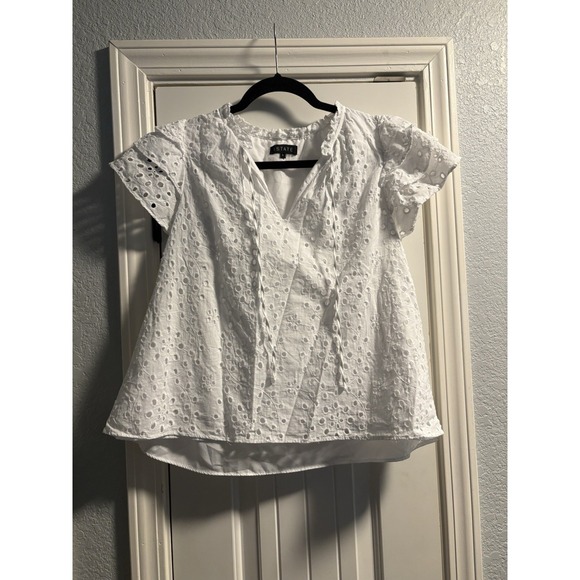 1.STATE Tops - 1.STATE Eyelet Blouse Women Large White Flutter Sleeve V-Neck Ruffle Tie Top